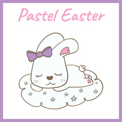 Adorable pastel Easter bunny with a purple bow peacefully sleeping on a fluffy cloud decorated with stars, creating a dreamy atmosphere