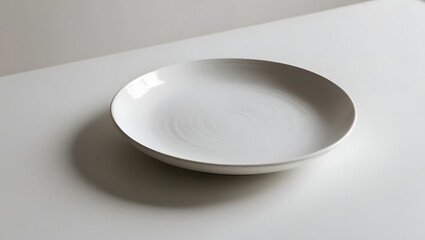 A simple white plate sits on a clean, neutral-colored table. The soft lighting and shadows give the image a serene and minimalist atmosphere, drawing attention to the plate’s smooth surface and subtle