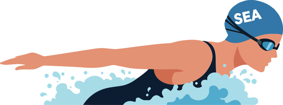 Swimmer in motion with blue cap and waves in flat vector art