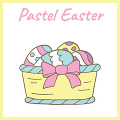 Cute pastel Easter basket decorated with a pink bow and filled with colorful patterned eggs, perfect for festive and spring-themed designs
