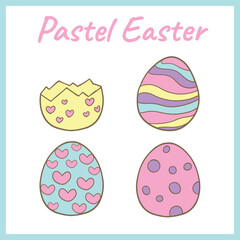 Set of pastel Easter eggs featuring heart, polka dot, and wavy patterns, along with a cracked eggshell, perfect for festive decorations