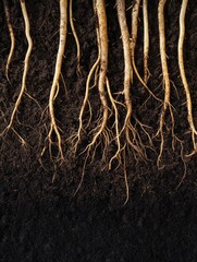 Roots extend deeply into rich, dark soil, highlighting the complex underground ecosystem of plants