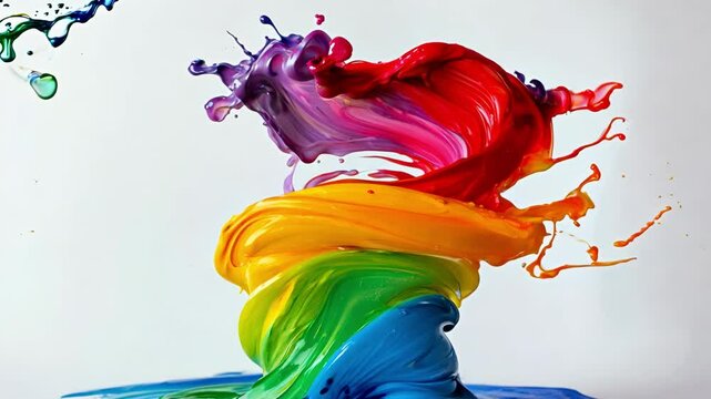 Vivid paint splash twisting in rainbow colors with dynamic energy and motion