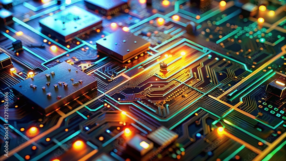 Poster aerial drone view of complex printed circuit board, electronic components, technology background