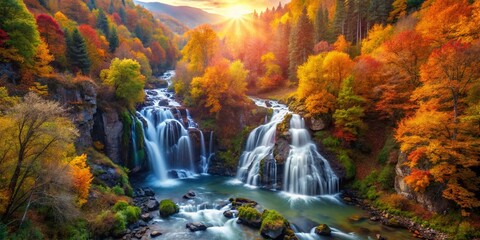 Fototapeta premium Aerial Drone View of Autumn Waterfall in Gelendzhik, Caucasus Mountains, Russia