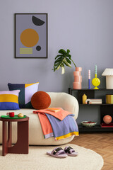 Interior desgin of modern living room interior with mock up poster frame, colorful decorations and...