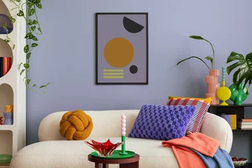 Fotobehang Boho Modern and colorful interior of living room with design boucle sofa, mock up poster, shelf, plants, decorations and personal stuff. Home decor..  © FollowTheFlow