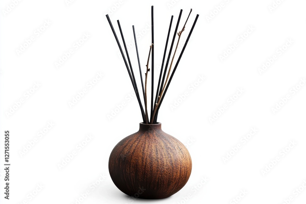Poster Decorative vase with wooden texture displaying minimalist design and slender sticks in a modern interior setting