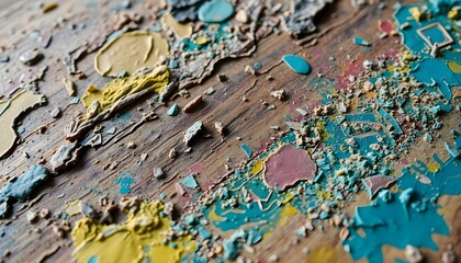 Naklejka premium a close up of a piece of wood with paint splattered on it