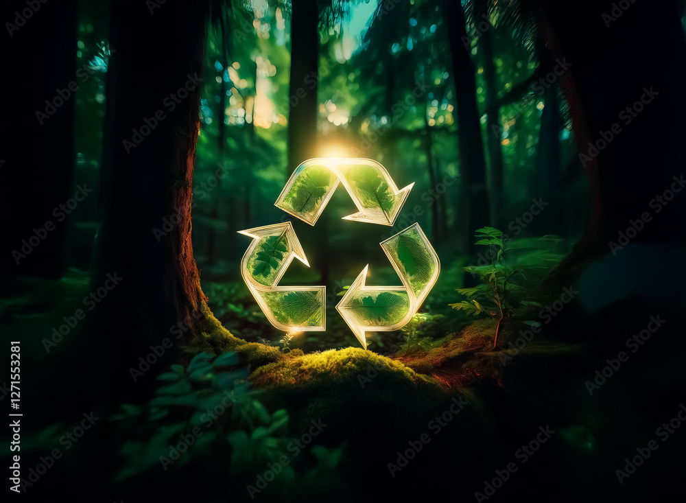 Poster luminous leaf recycle symbol in a shadowy forest. sun rays illuminate it, filtering through trees. e