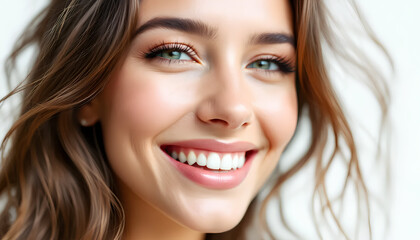 Obraz premium Primo piano di giovane ragazza sorridente, felice. Sfondo chiaro, illuminazione da studio.