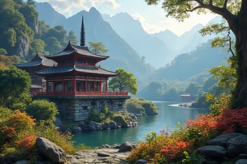 Fototapeta premium Serene Asian Pagoda by a Mountain River, Picturesque Landscape