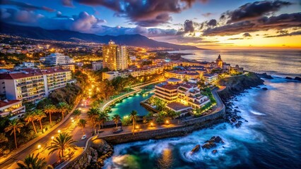 Fototapeta premium Aerial Panorama: Puerto de la Cruz, Tenerife Island, Spain - Luxury Hotels & Villas