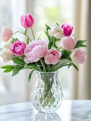 Elegant Spring Blooms in Crystal Vase on Marble Table with Soft Window Light Perfect for Modern Home Decor and Interior Styling