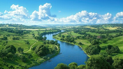 Serene River Landscape Under a Summer Sky