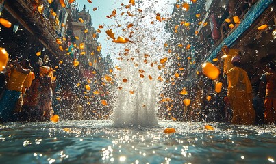 Festive Celebration With Water Splash and Falling Flower Petals