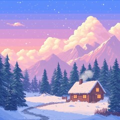 Fototapeta premium Pixel Art Cozy Winter Cabin in Snowy Landscape with Majestic Mountains