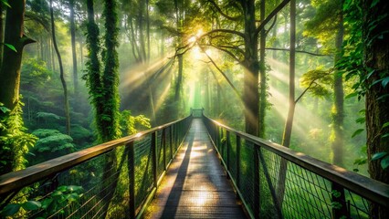 Aerial View Canopy Walkway Lush Forest Trees, Nature Walkway, Jungle Canopy Walk, Adventure Travel, Eco Tourism