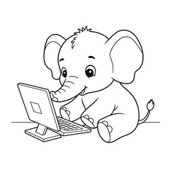 Fototapeta premium Cute Elephant Using a Laptop Coloring Page for kids