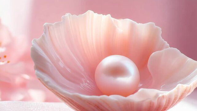 Elegant pearl resting in an open pink seashell with soft glowing light and delicate reflections in a dreamy setting