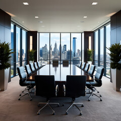 A modern conference room featuring a long table, comfortable chairs, and large windows offering a panoramic city view.
