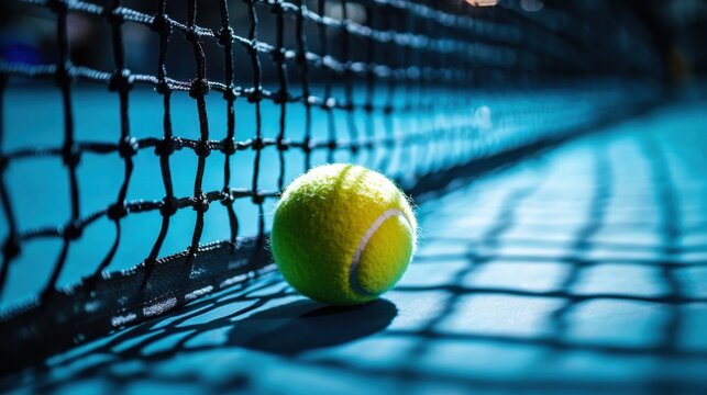 Tennis Ball. Tennis ball resting near the net on a blue court surface.