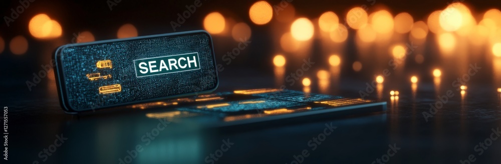 Poster smartphone displaying digital search bar surrounded by glowing bokeh lights on a dark surface