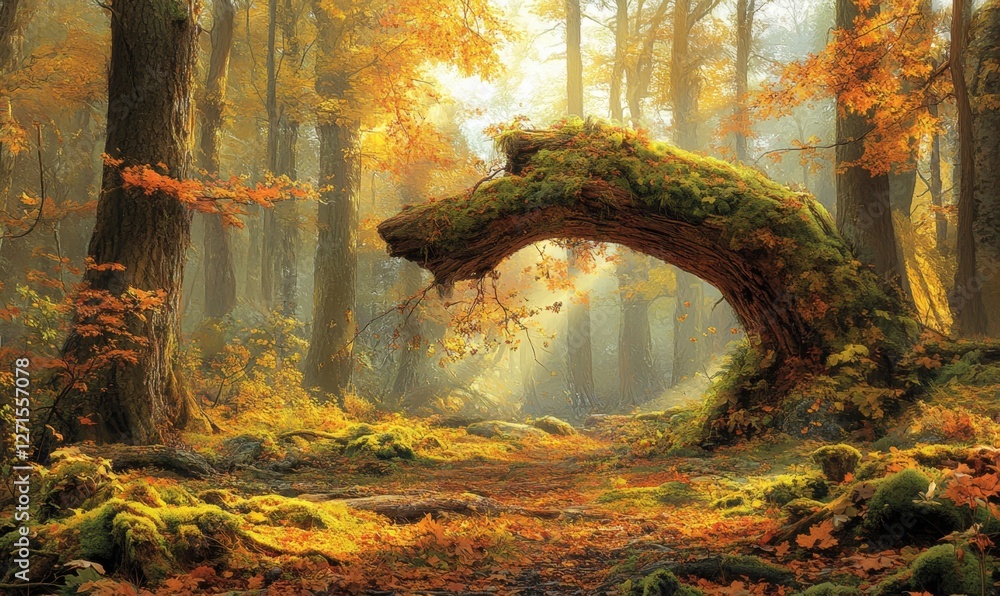 Poster enchanted autumn forest with vibrant foliage and a mystical fallen tree arching over a path
