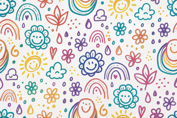 Naklejka premium Colorful kid-friendly pattern with rainbows, suns, flowers, and clouds. Background image suitable for children's products