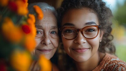 Obraz premium Granddaughter Smiling With Grandmother Near Bright Colorful Flowers Outdoors