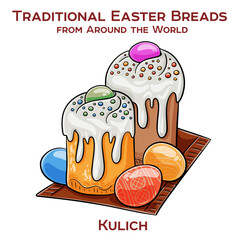 Traditional Russian Easter bread, a tall, cylindrical sweet yeast-leavened loaf topped with white icing and colorful sprinkles, similar to Italian panettone.