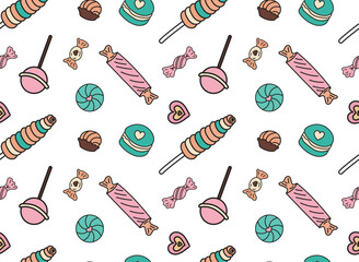 Sweets different candies doodle Seamless pattern with caramel on stick, wrapped candies, lollipop. Vector patterns endless. Color sample pattern for wallpaper, fabric, packaging, background.