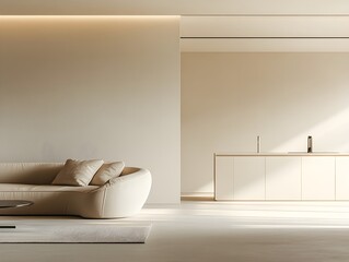 Modern interior with empty wall and luxurious kitchen and living room in minimalistic style. 3D Rendering