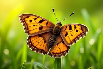 Fototapeta premium Stunning Orange and Brown Butterfly on Grassy Meadow