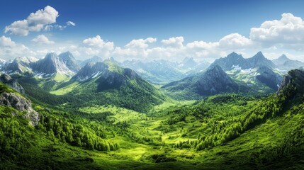 Obraz premium Majestic Mountain Landscape with Lush Green Valley and Snow-Capped Peaks Beneath Bright Blue Sky and Fluffy Clouds