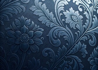 A Luxurious Embossed Floral Wallpaper with Intricate Swirling Patterns in a Deep Blue Hue