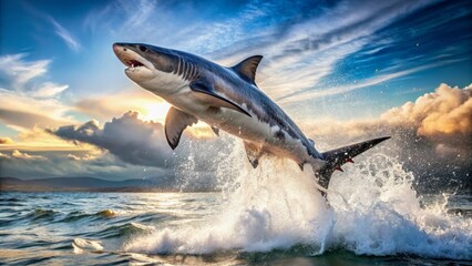 Majestic apex predator breaching the ocean's surface at sunset, a breathtaking display of power and grace in a vibrant aquatic environment