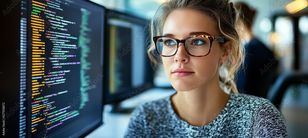 Poster focused young woman working on code programming on computer monitors in a modern office
