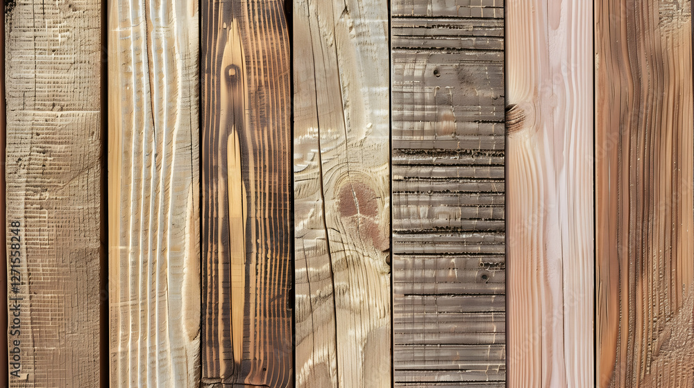 Poster close-up view of various wooden planks showcasing different textures and colors for design use