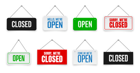 Realistic open or closed hanging signboards. Vintage door sign for cafe, restaurant, bar or retail store. Announcement banner, information signage for business or service. Vector illustration