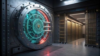 Encryption protects against spyware and cybersecurity threats. A futuristic bank vault with a glowing, intricate door and golden safety deposit boxes, creating a sense of security and mystery.