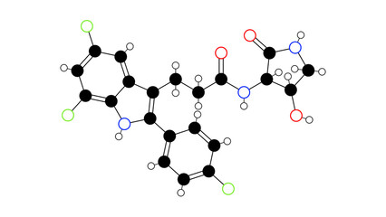 inaxaplin molecule, structural chemical formula, ball-and-stick model, isolated image investigational drug