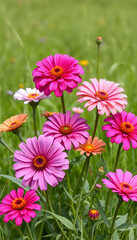 Fototapeta premium Horizontal banner of brilliant bold Zinnias in a grassy meadow. Lavender and bold pink zinnia produce magnificent, large, dahlia-flowered blossoms on strong, tall plants blooming freely all summer, 