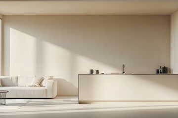 Modern interior with empty wall and luxurious kitchen and living room in minimalistic style. 3D Rendering