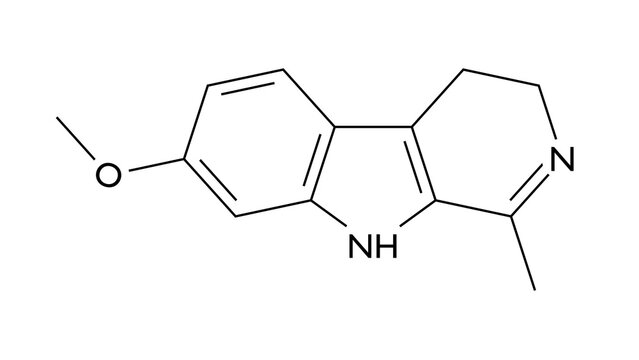 harmaline molecule, structural chemical formula, ball-and-stick model, isolated image beta-carboline alkaloid