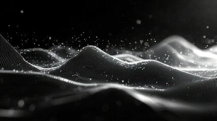 Abstract digital landscape, particles flowing, dark background, futuristic design