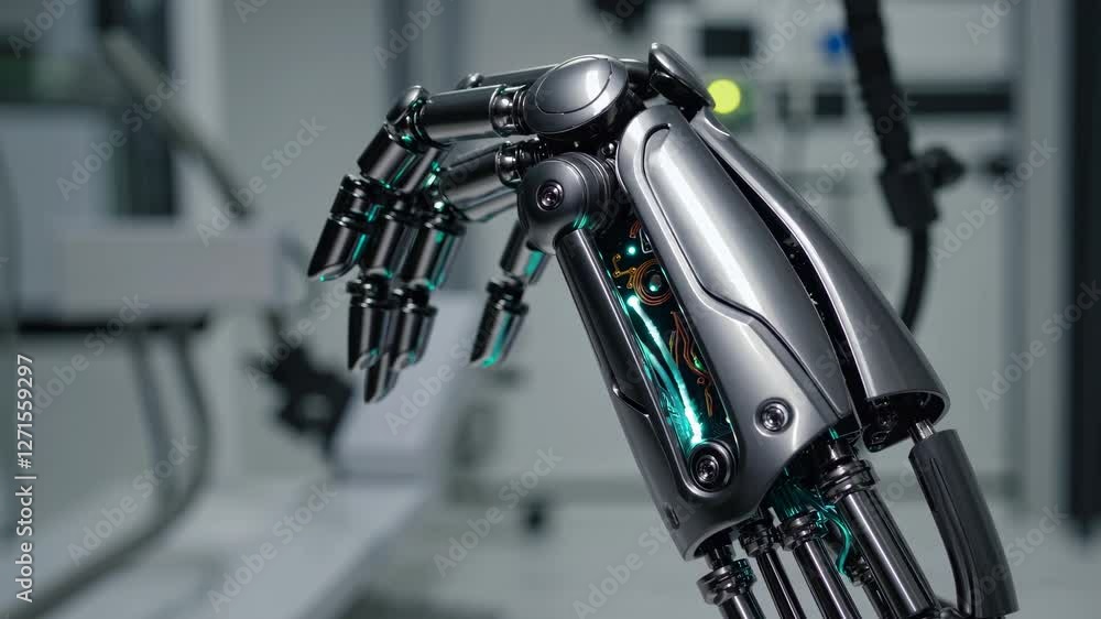 Poster advanced robotic hand showcases intricate design and movement in a high-tech laboratory environment