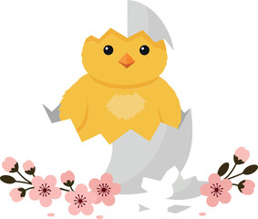 Cute chick hatching from egg with flowers in flat vector art
