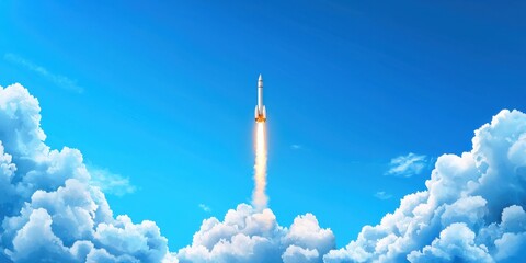 A rocket ascends through fluffy clouds into a clear blue sky, leaving a trail of light, symbolizing exploration and innovation.