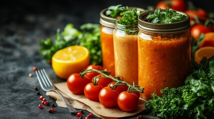 Homemade tomato and vegetable preserves in glass jars with fresh ingredients.